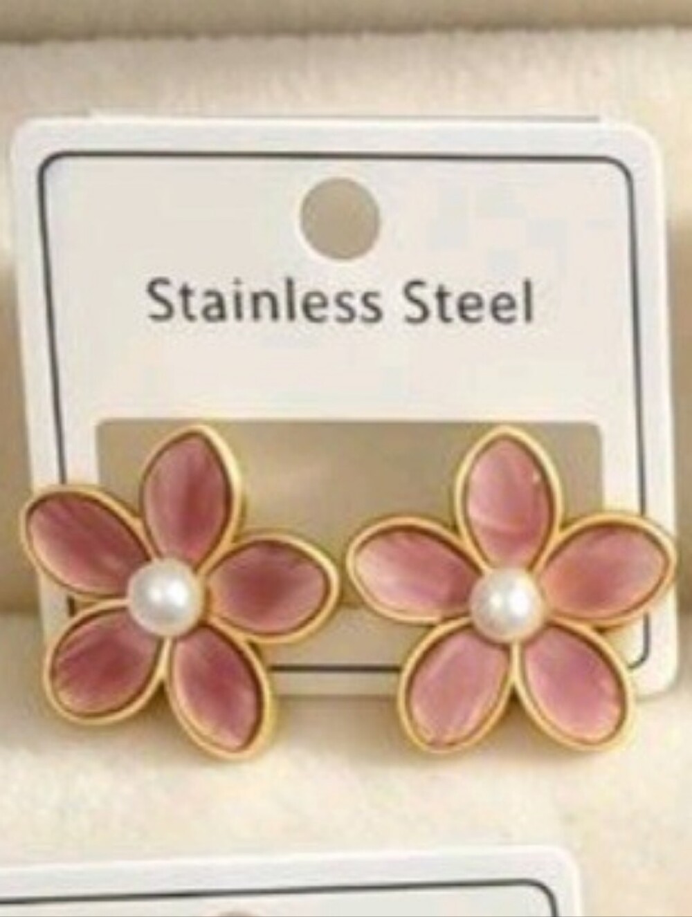 Pink Flower Stainless Steel Stud Earrings with Pearl Center